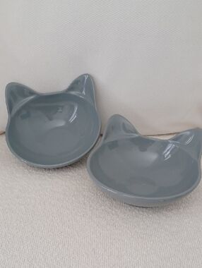 PAIR of Cat Head Shaped Stoneware  Dishes / Bowls
